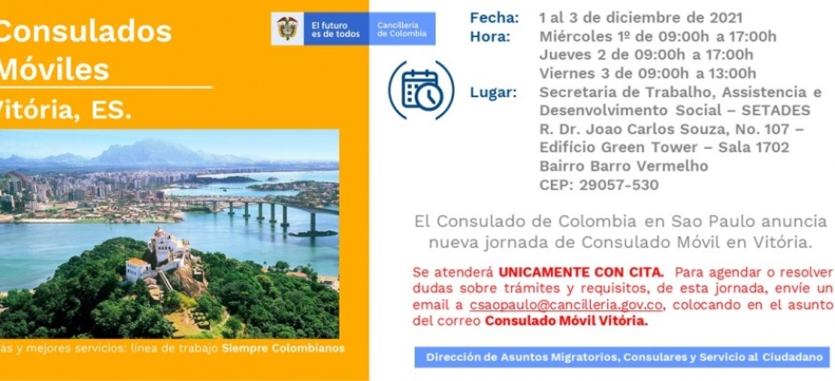 Consulado de Colombia en Sao Paulo realizará nueva jornada de Consulado Móvil en Vitória en 2021