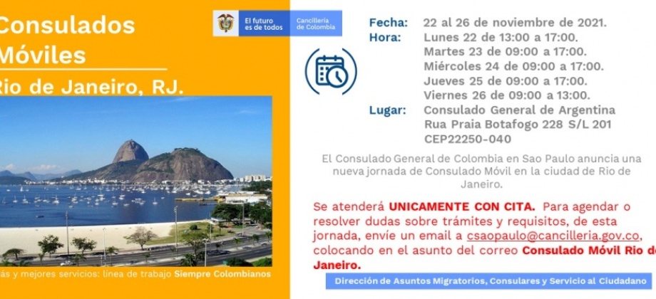 Jornada de Consulado Movil en Rio de Janeiro se realizará del 22 al 24 de noviembre de 2021