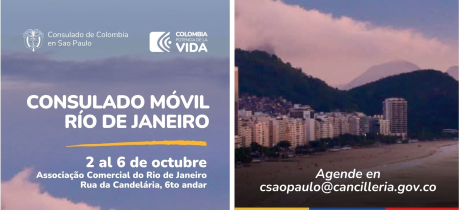 El Consulado de Colombia en Sao Paulo realizará un Consulado Móvil en Río de Janeiro, del 2 al 6 de octubre de 2023