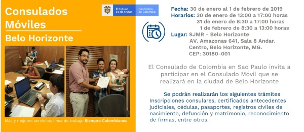 Consulado de Colombia en Sao Paulo realizará un Consulado Móvil en Belo Horizonte, del 30 de enero al 1 de febrero de 2019