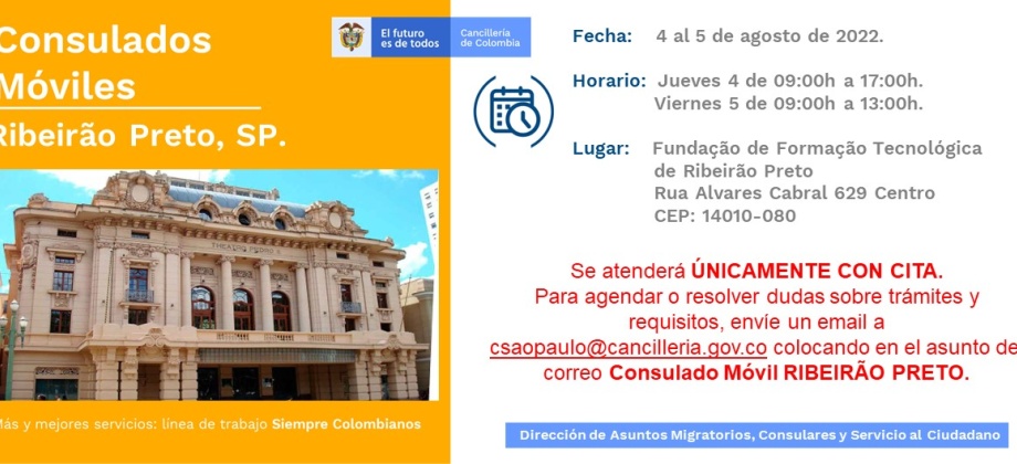 Consulado de Colombia en Sao Paulo invita al Consulado Móvil en Ribeirão Preto el 4 y 5 de agosto de 2022