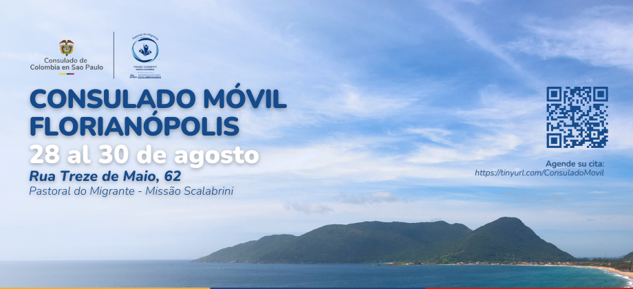 Banner anunciando las fechas del consulado móvil en Florianópolis, conuna foto de fondo en la que se ve una bahía en el mar con unas montañas y el cielo despejado