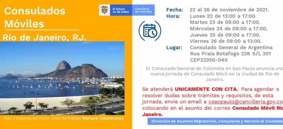 Jornada de Consulado Movil en Rio de Janeiro se realizará del 22 al 24 de noviembre de 2021