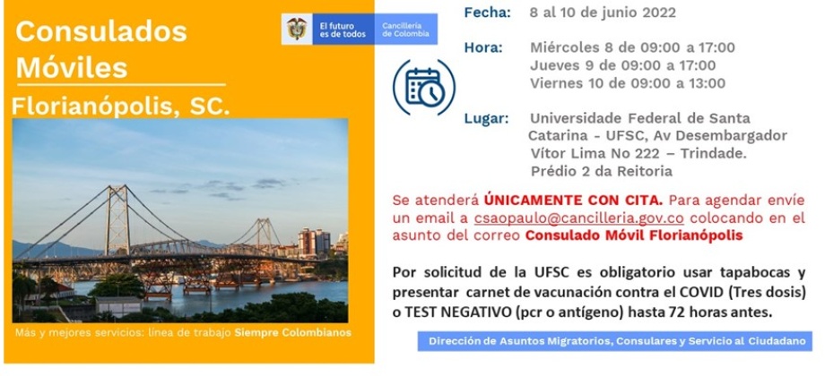 Del 8 al 10 de junio se realizará la jornada del Consulado Móvil en Florianópolis