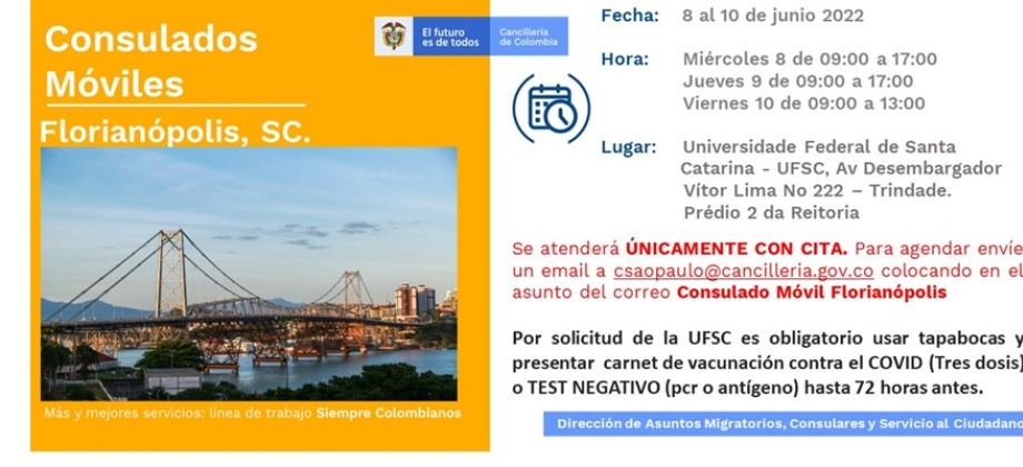 Del 8 al 10 de junio se realizará la jornada del Consulado Móvil en Florianópolis