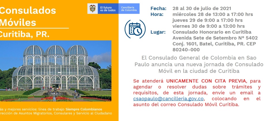 Consulado de Colombia en Sao Paulo realizará una jornada de Consulado Móvil en Curitiba, del 28 al 30 de julio de 2021