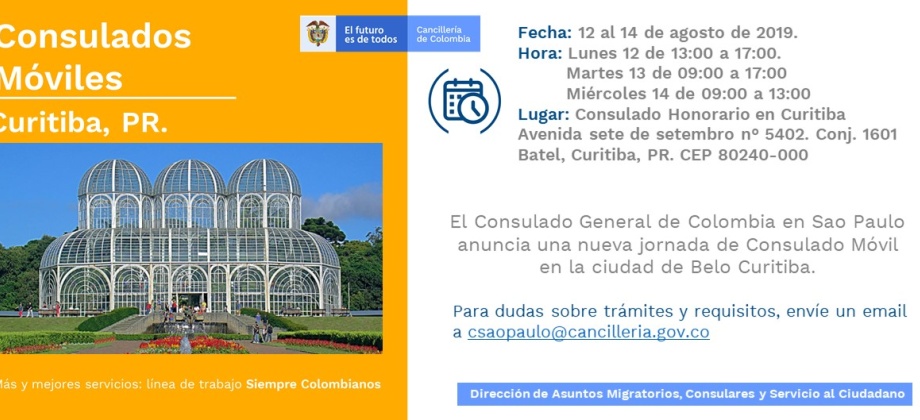 El Consulado de Colombia en Sao Paulo estará nuevamente con su Consulado Móvil en Curitiba, del 12 al 14 de agosto de 2019
