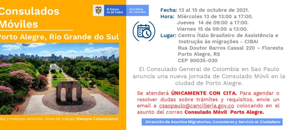 Consulado de Colombia en Sao Paulo realizará una nueva jornada de Consulado Móvil en Porto Alegre del 13 al 15 de octubre 