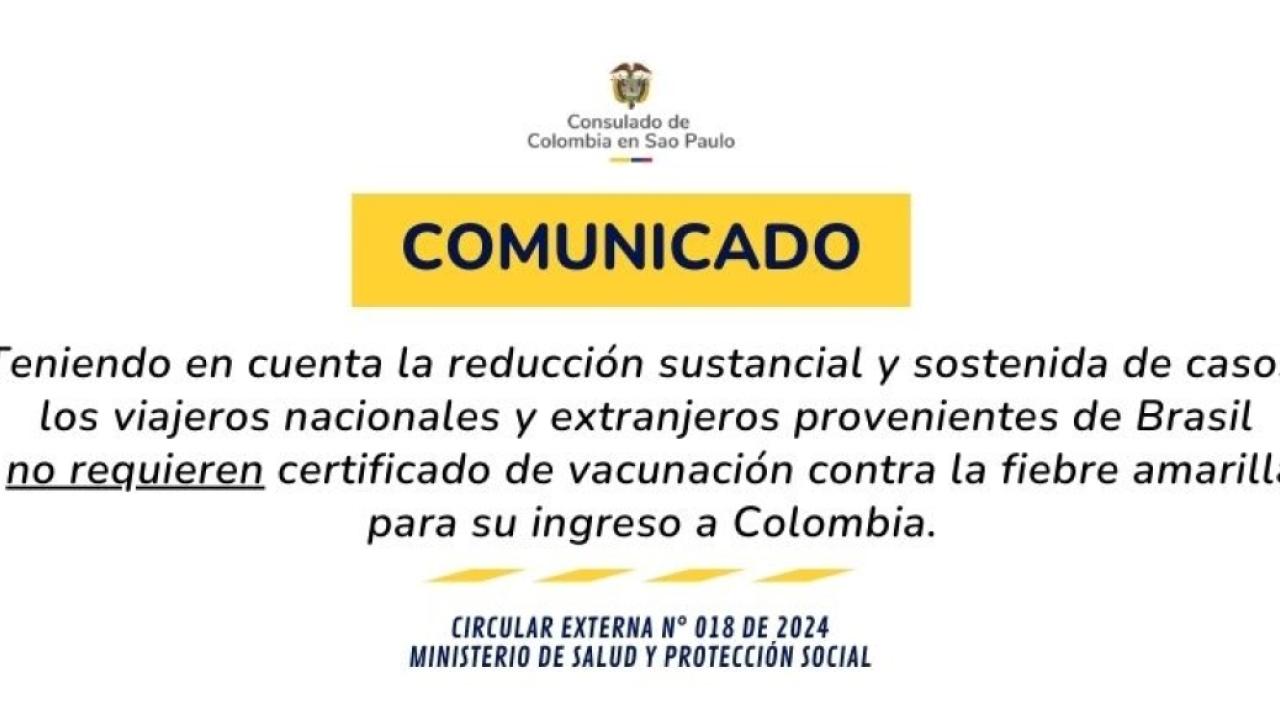 Eliminación de requisito de certificado de vacunación contra fiebre amarilla para personas provenientes de Brasil