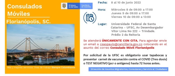 Del 8 al 10 de junio se realizará la jornada del Consulado Móvil en Florianópolis
