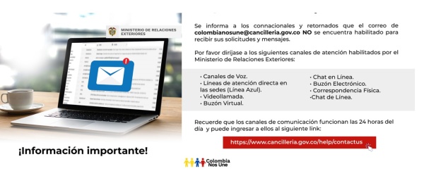 Cancillería informa que el correo electrónico de Colombia Nos Une no está habilitado para recibir solicitudes ni mensajes de servicios y asistencia consulares
