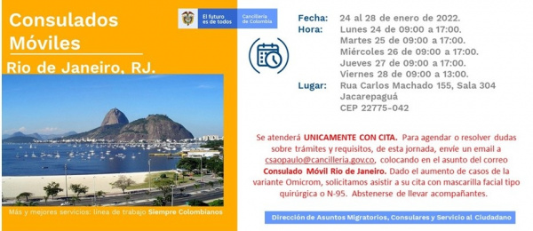 Del 24 al 28 de enero de 2022 se realizará jornada de Consulado Móvil en Rio de Janeiro