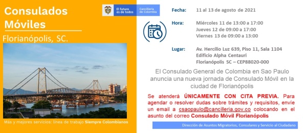 Jornada de Consulado Móvil en Florianópolis del 11 al 13 de agosto 