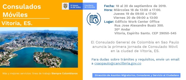Consulado General de Colombia en Sao Paulo realizará la primera jornada de Consulado Móvil en la ciudad de Vitoria, ES