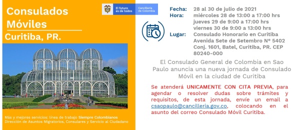 Consulado de Colombia en Sao Paulo realizará una jornada de Consulado Móvil en Curitiba, del 28 al 30 de julio de 2021