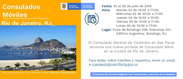Consulado General de Colombia en Sao Paulo anuncia nuevas jornadas de Consulado Móvil en Río de Janeiro
